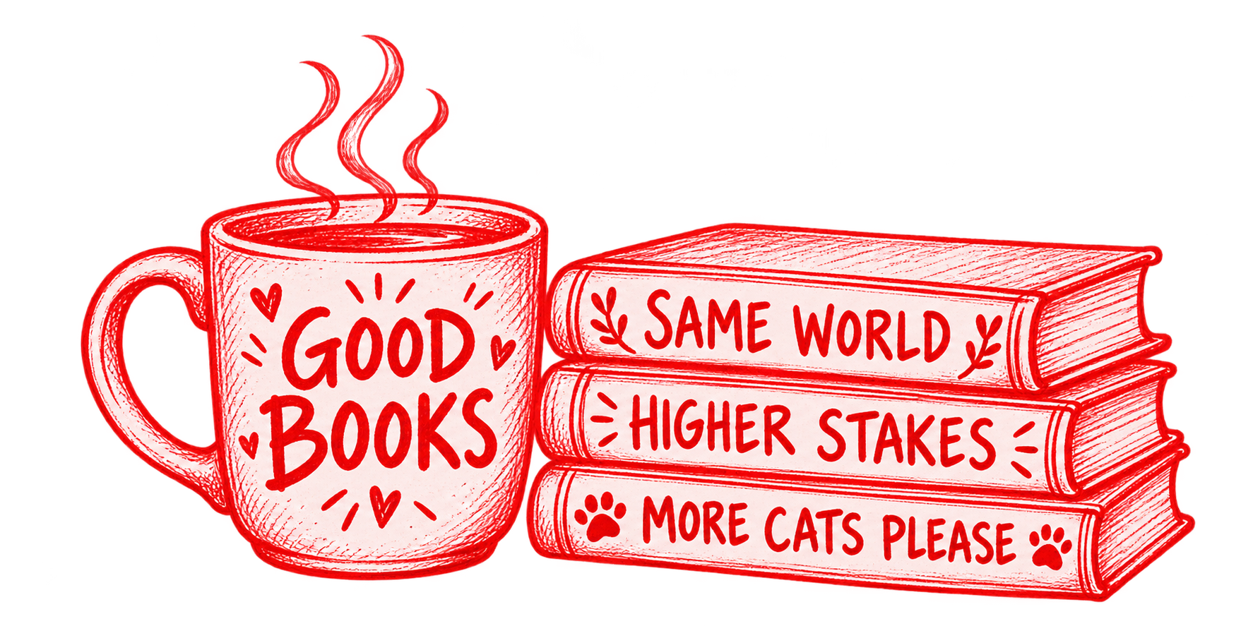 Red hand-drawn coffee mug and books with lettering on the mug and spines