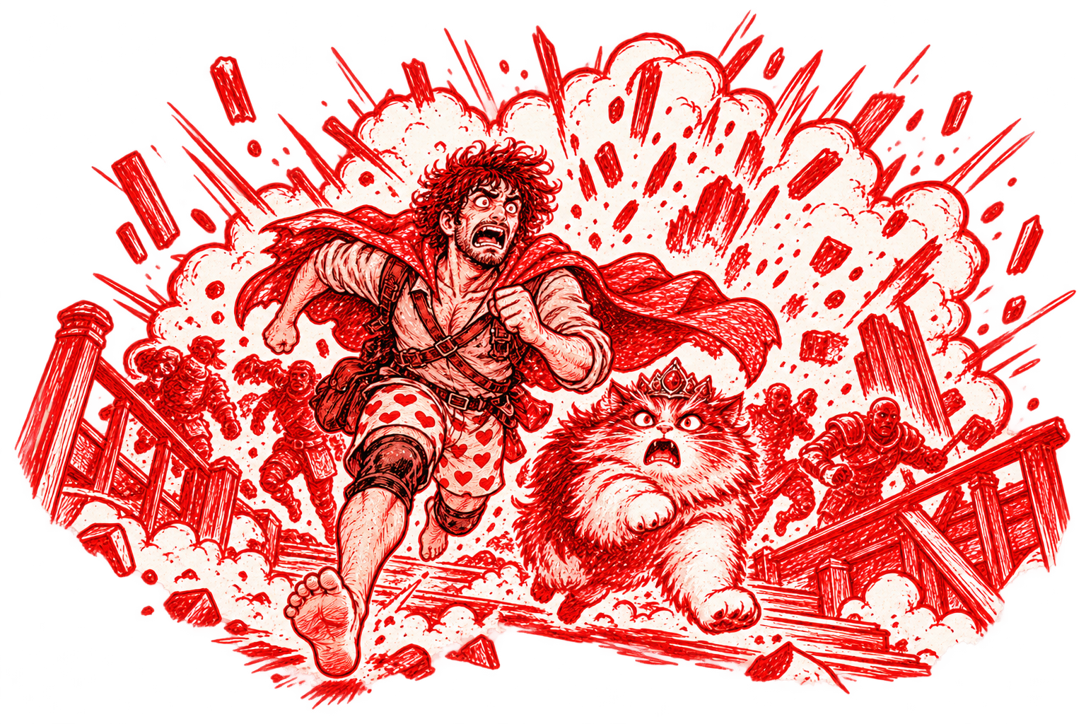Red ink drawing of Carl, Princess Donut and fellow crawlers fleeing the group quest explosion