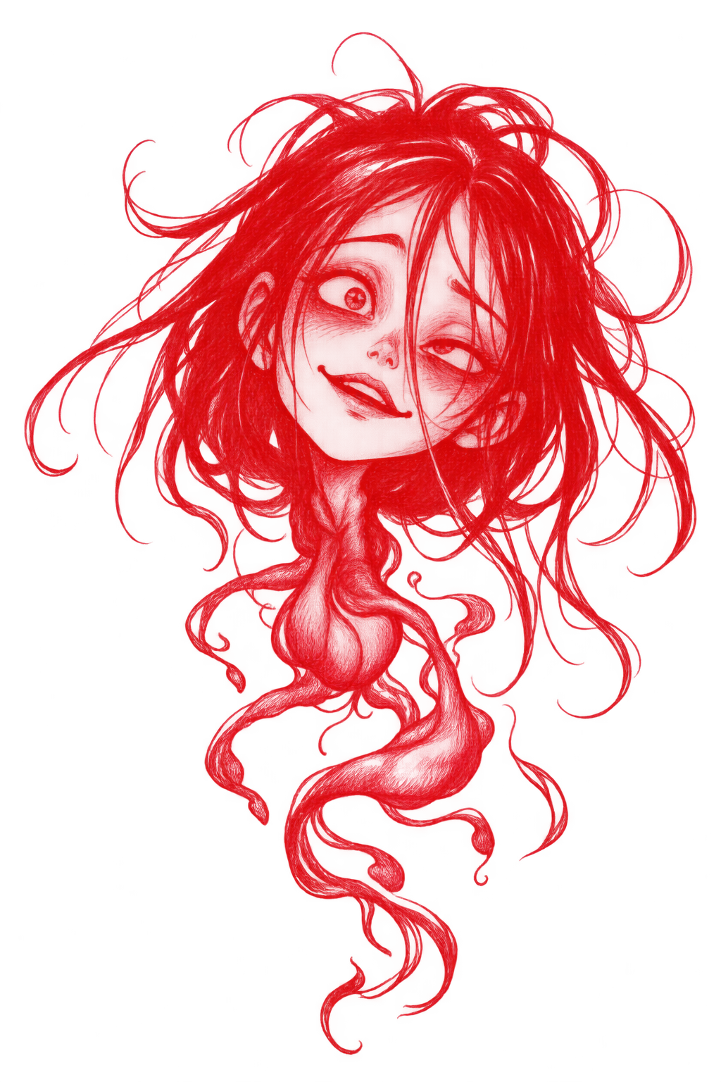 Krasue, a floating face with wispy tendrils illustrated in red ink