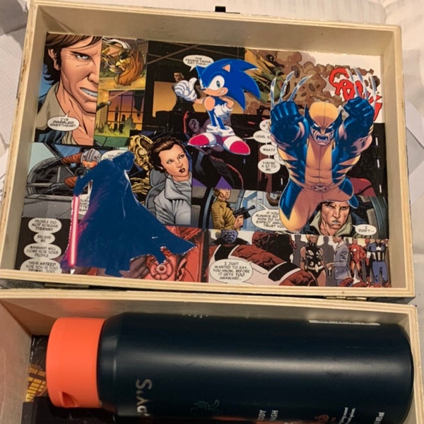 Customer photo by Etsy buyer of their comic-book keepsake box