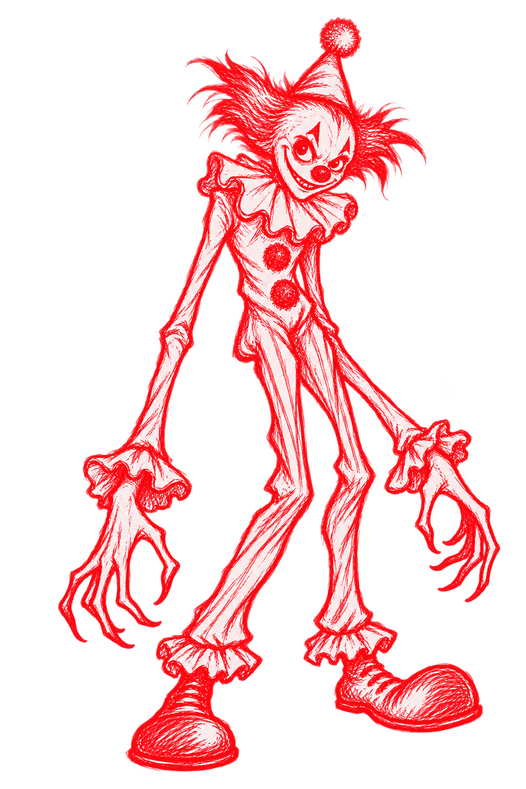 Red hand-sketched tall creepy clown with long limbs and oversized shoes