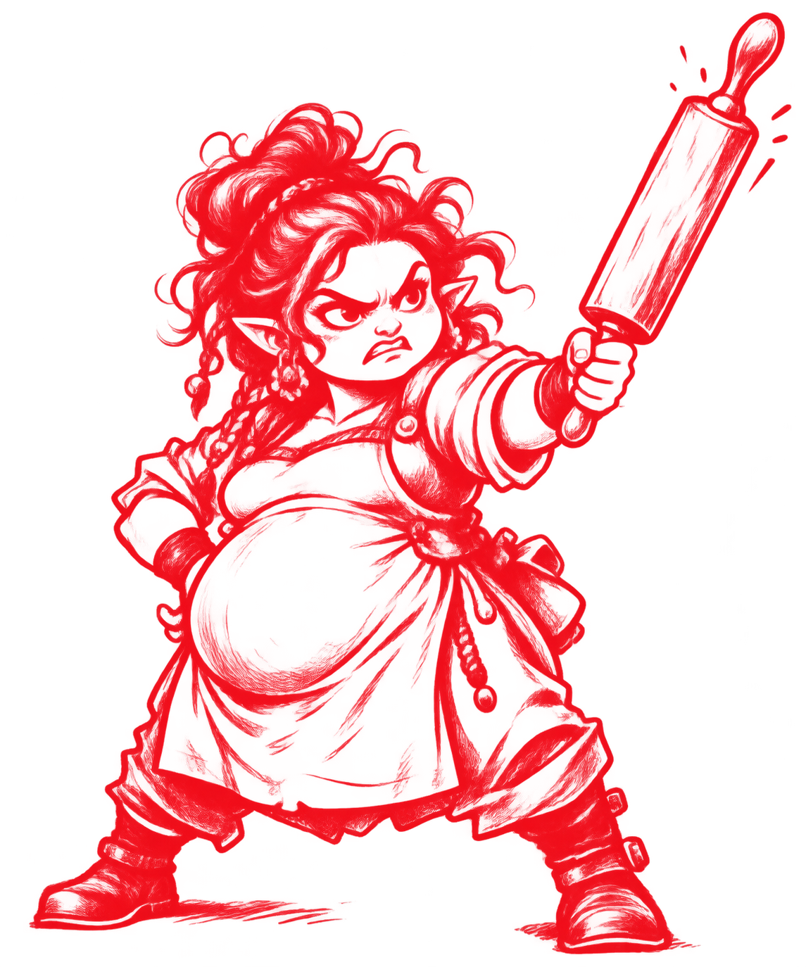 Eunice, an angry heavily pregnant dwarf brandishing a rolling pin, drawn in red ink