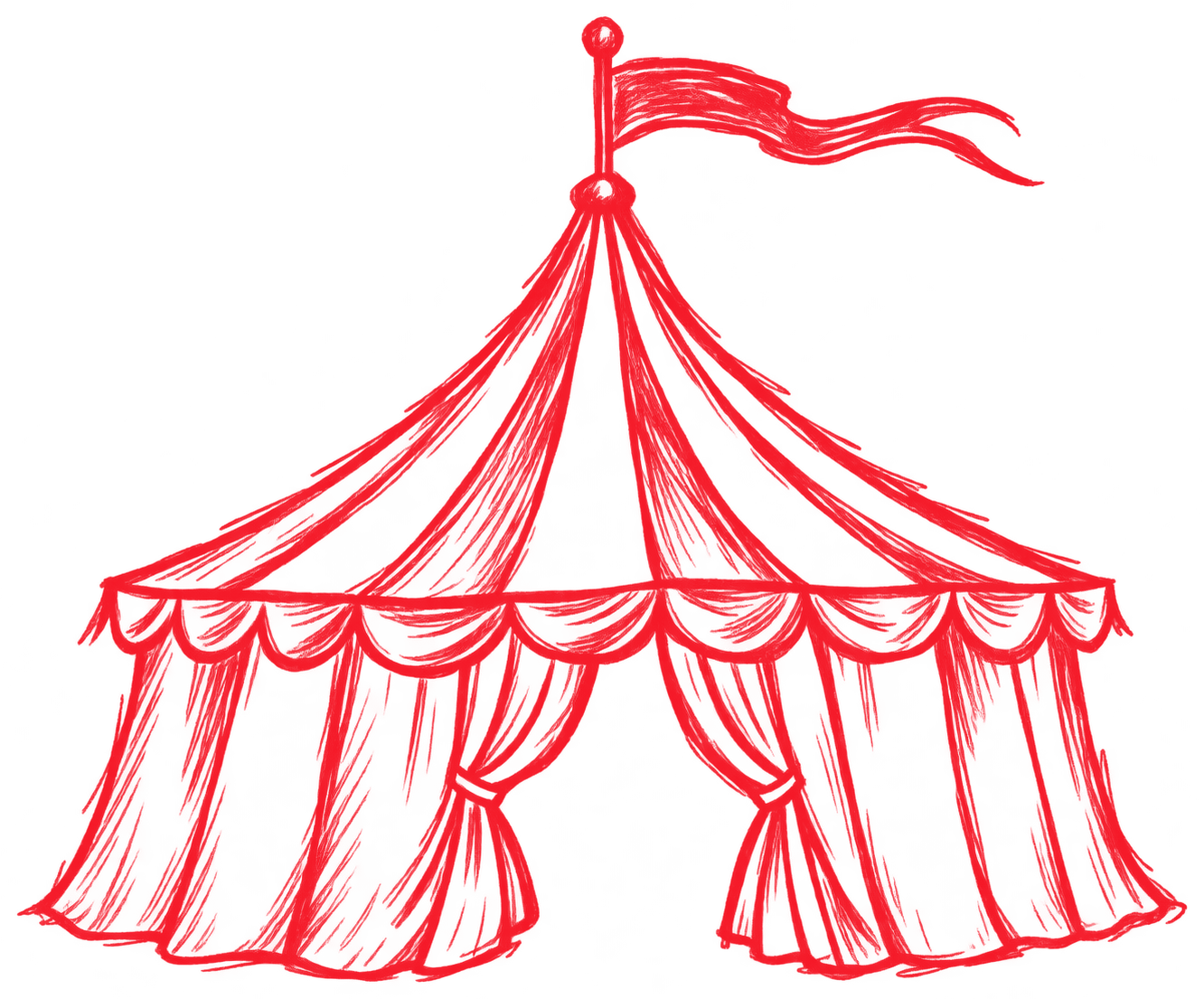 Red hand-sketched Big Top circus tent with a flag and open curtains
