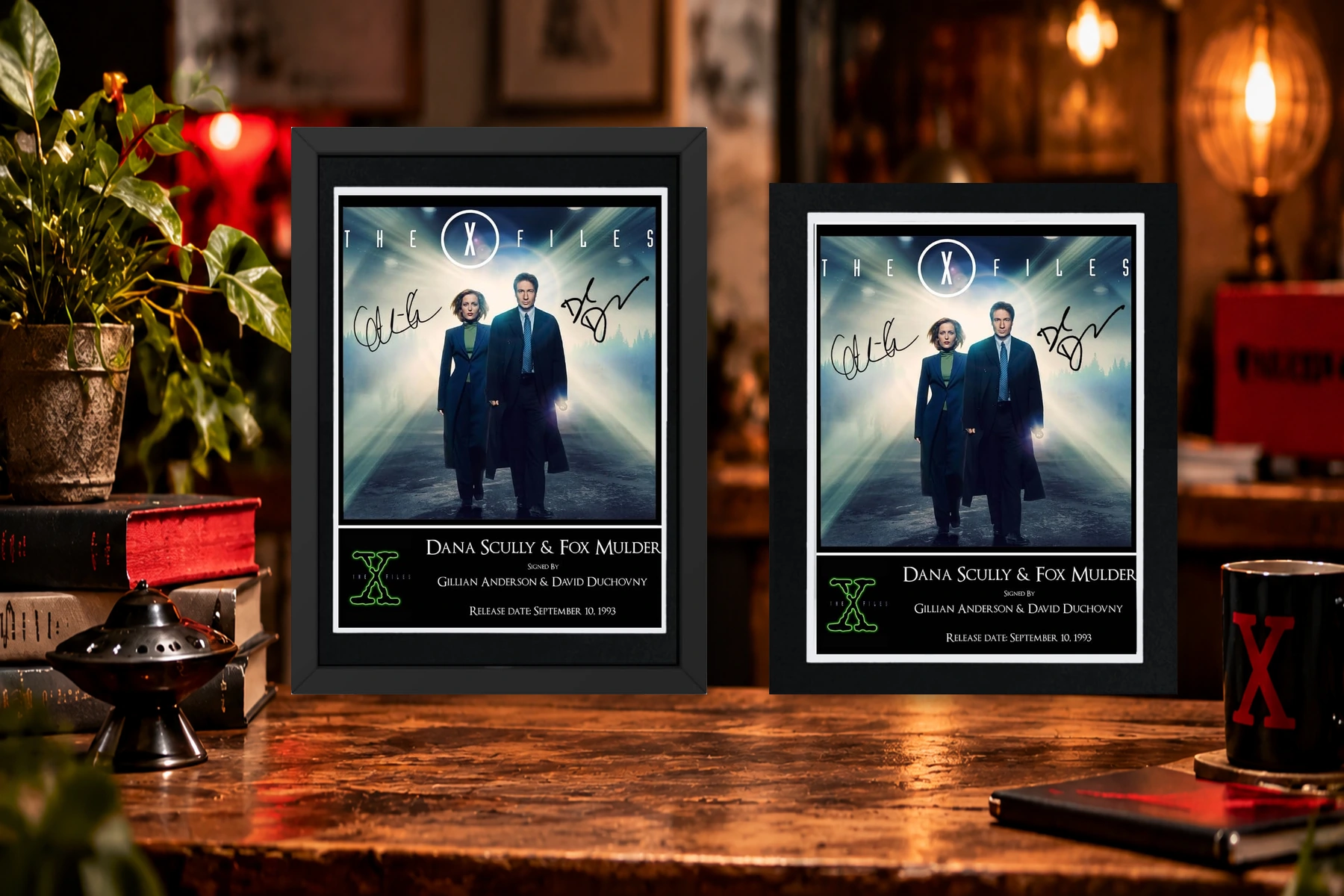 X-Files print shown in EBT black wooden frame and black bevel-edged mount side by side