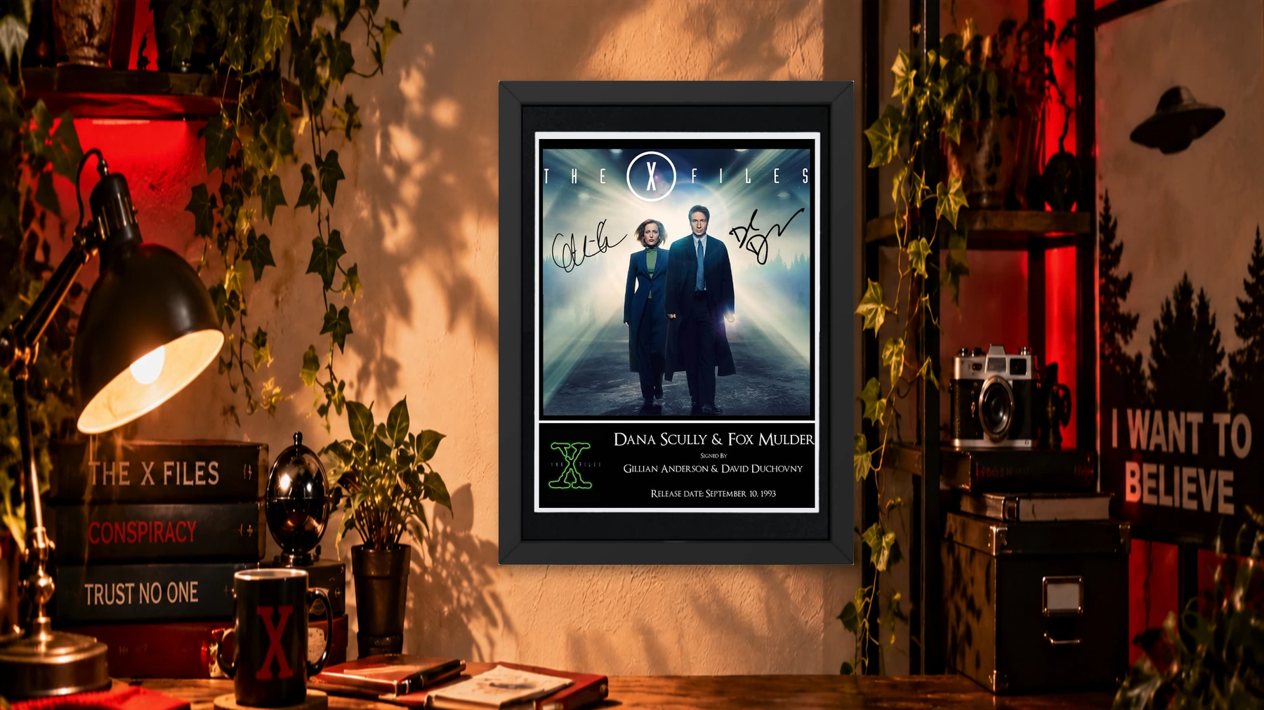 EBT X-Files framed print displayed on a wall in a warmly lit study