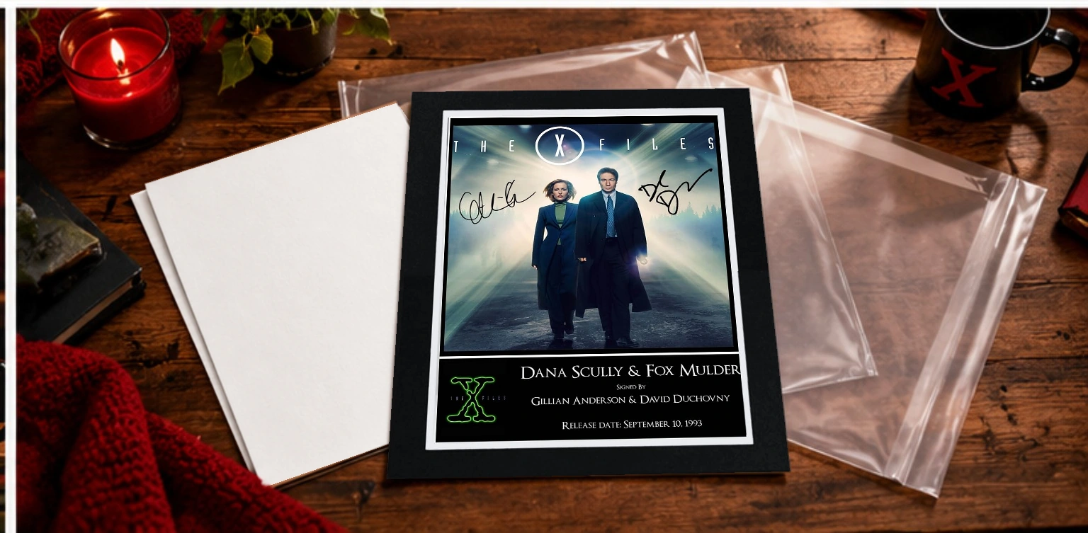 EBT mounted X-Files print with black bevel-edged mount, white backing board and protective wallet
