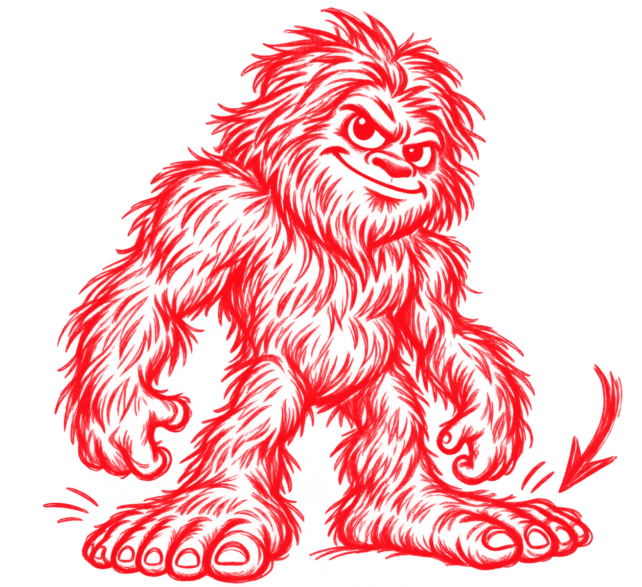 Shaggy red Sasquatch with oversized feet