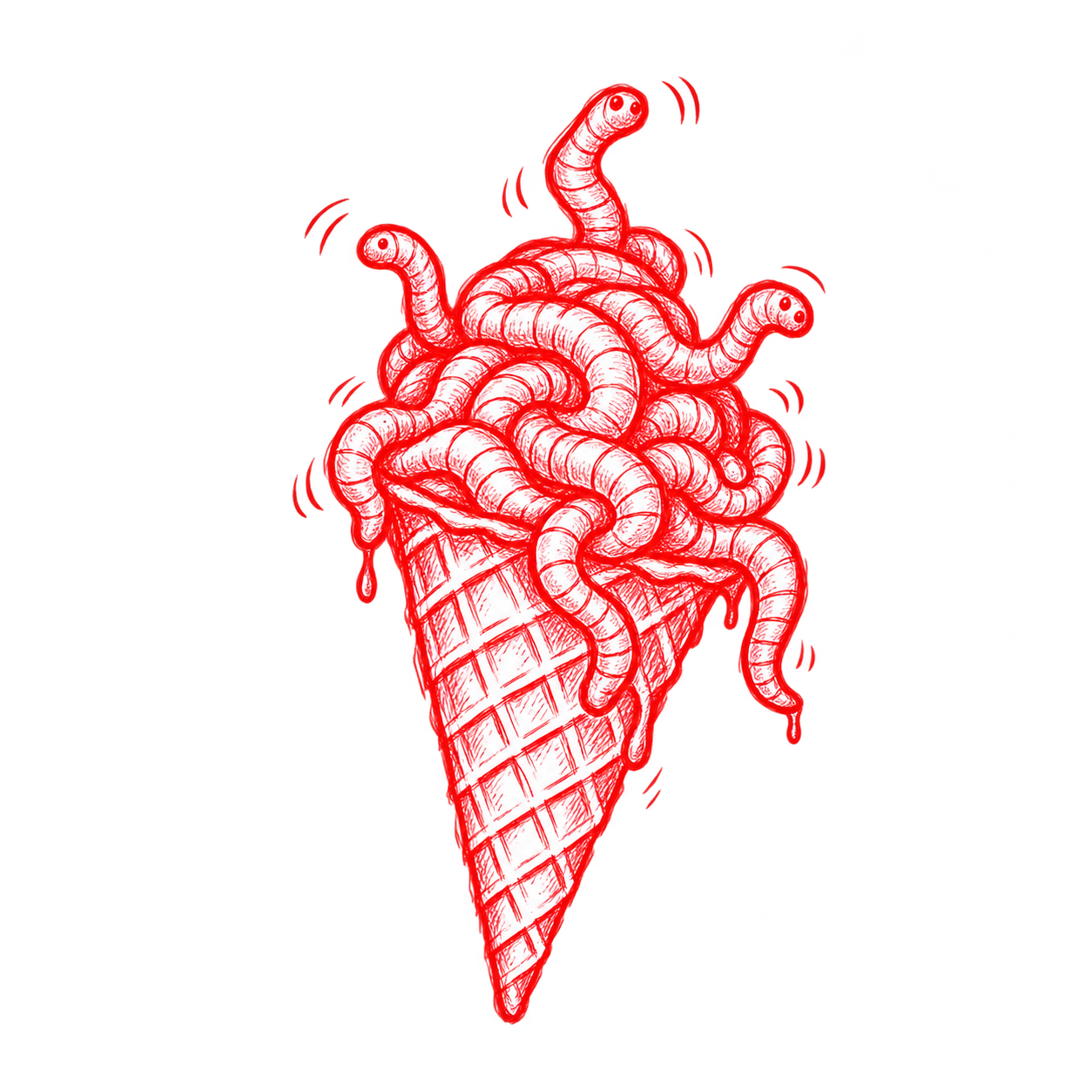 A red waffle cone piled high with wriggling worms