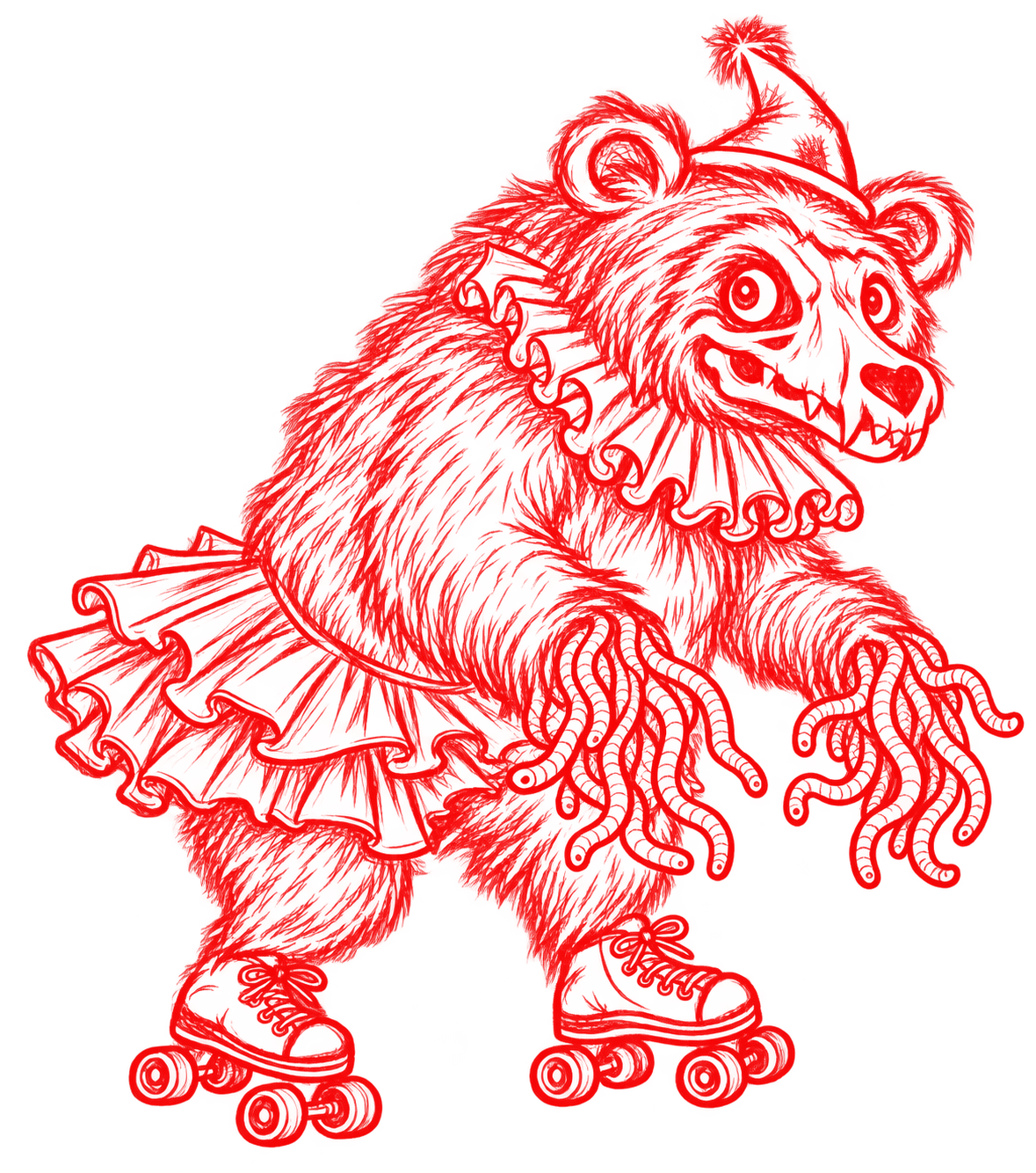 Red sketch of Heather the Bear with a skull face, worm forepaws, tutu, ruff and roller skates